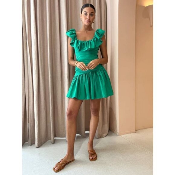 ALEMAIS Doria Ruffle-neck Crossover-back Mini Dress in Green Size US 2 - Picture 12 of 14